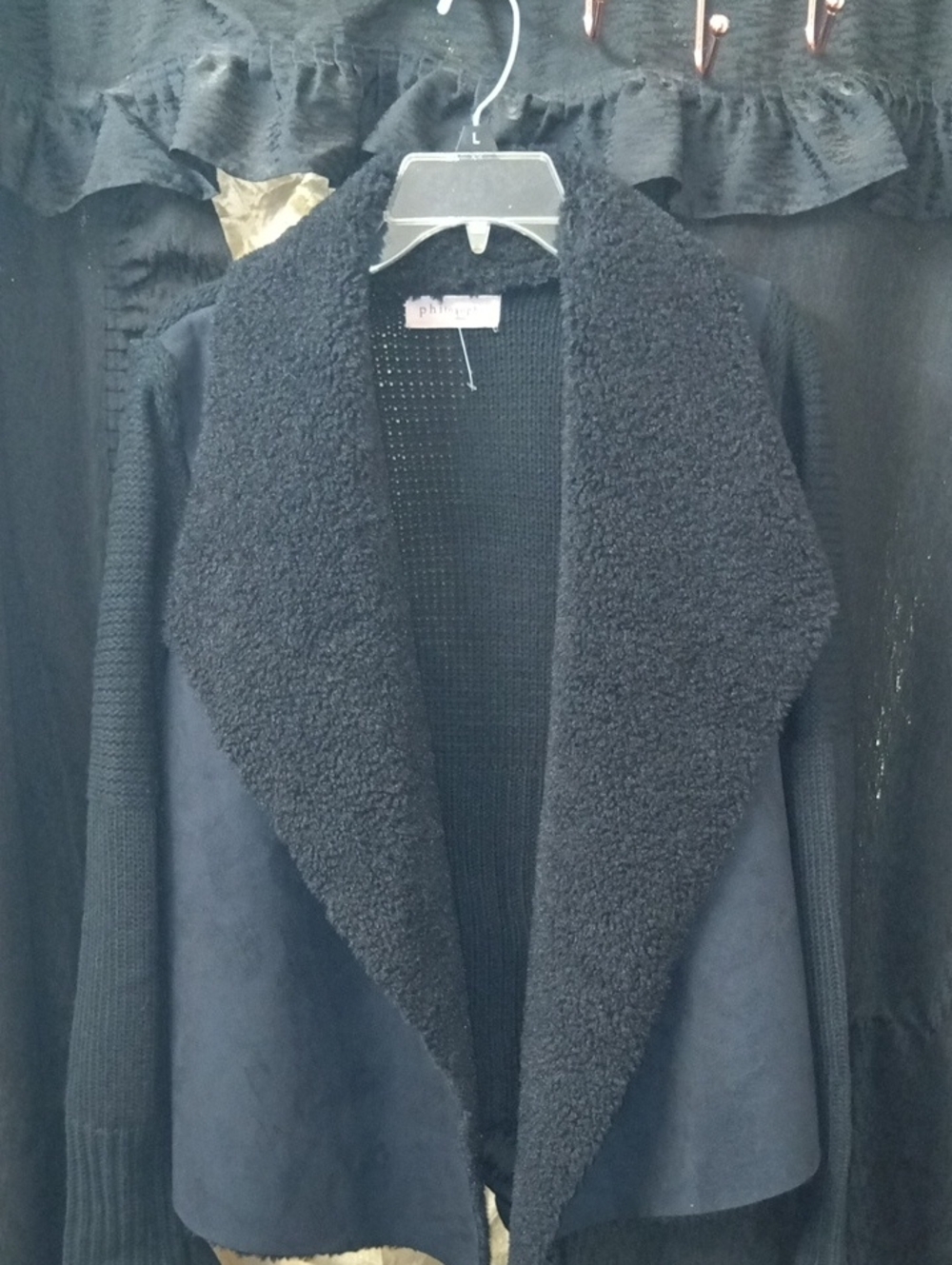 Philosophy Black Open-Front Sherpa Collar Cardigan